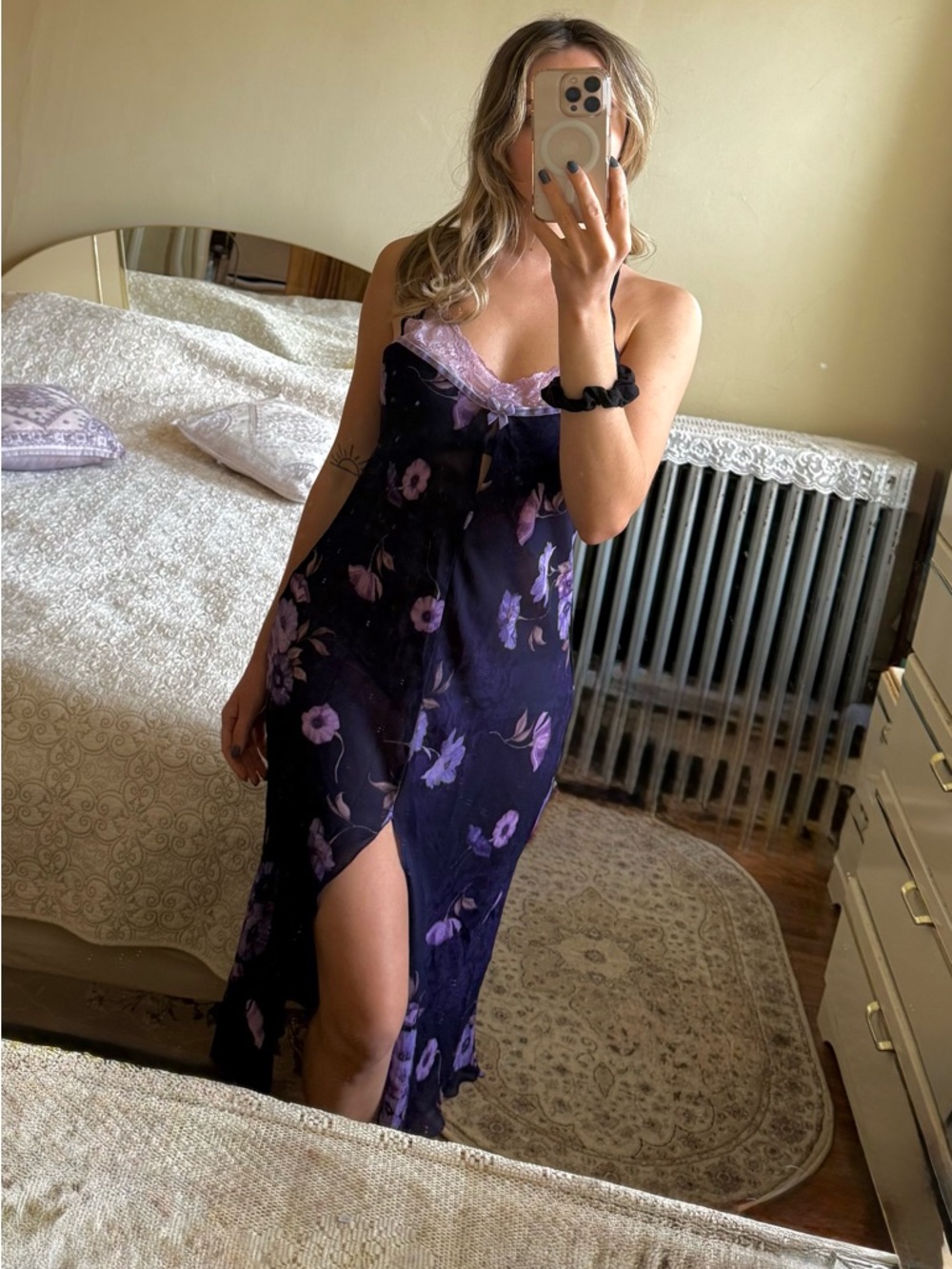 Vintage Y2K sheer purple floral maxi slip dress with lace trim